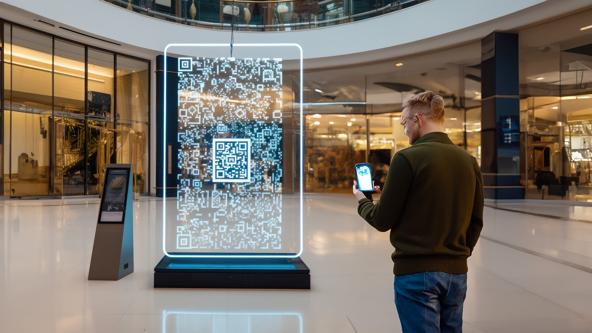 Persona interactuando con código QR en punto de venta como parte de una promoción BTL innovadora y tecnológica en 2025