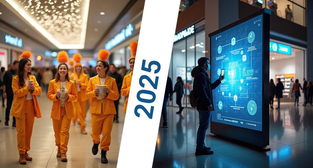 Evolución de promociones BTL de tradicionales a interactivas y digitales, mostrando tendencias innovadoras en marketing experiencial 2025.